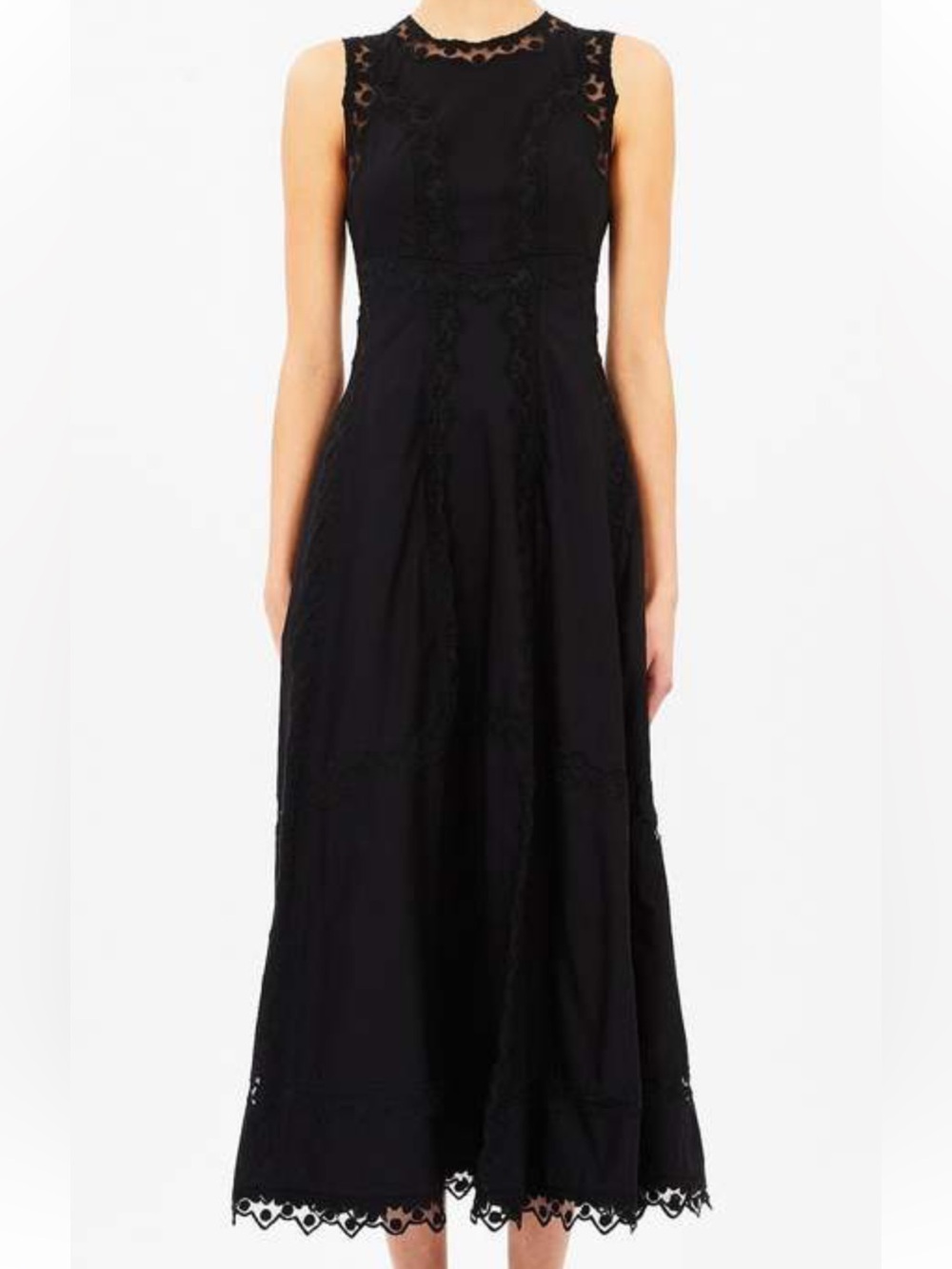 ULLA JOHNSON Anela Sleeveless Midi Dress Noir Black Lace Trim Panels Cotton 6